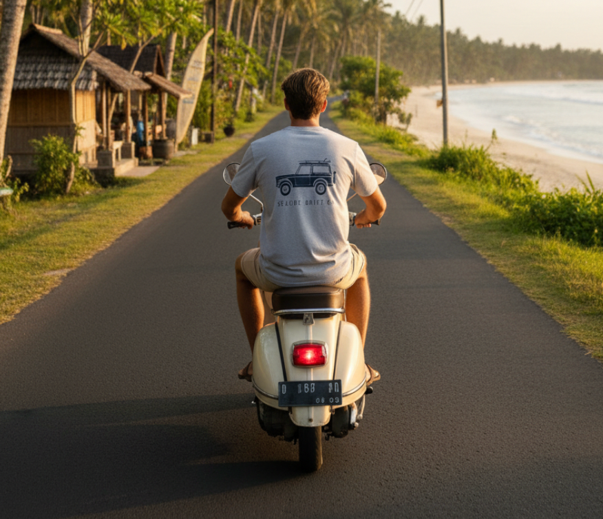 Retro Surf Jeep T-Shirt — "Seaside Drift Co" Coastal Adventure Tee